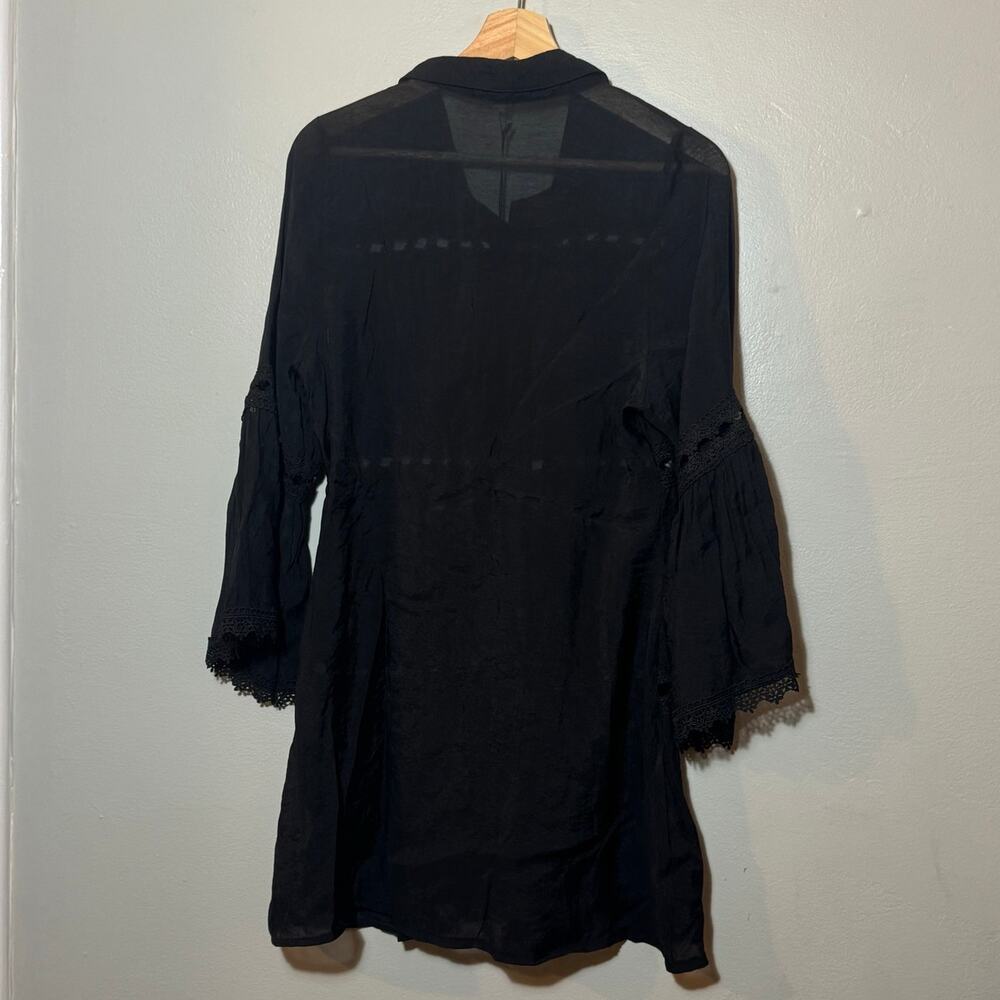 NWT Women's Size L Black Elan Eyelet Lace Bell Sleeve Button Down Cover Up Dress - Picture 3 of 9